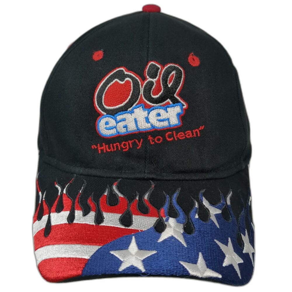 OTTO Oil Eater Baseball Cap Black One Size USA Flag Flame Brim Strapback Hat